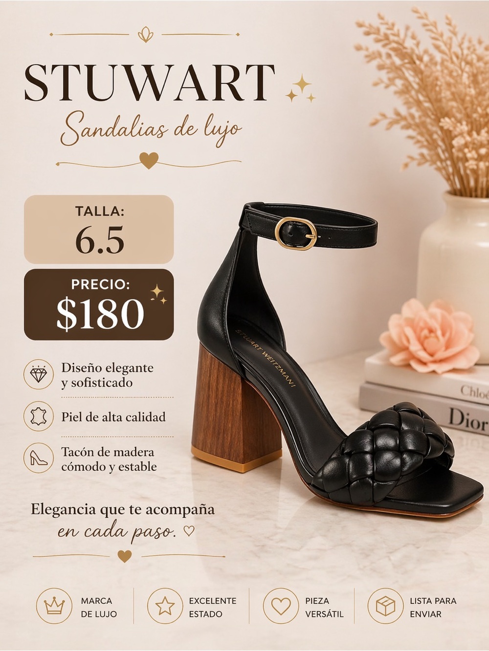 Stuart Weitzman Black Braided Leather Block Heel Sandals with Ankle Strap